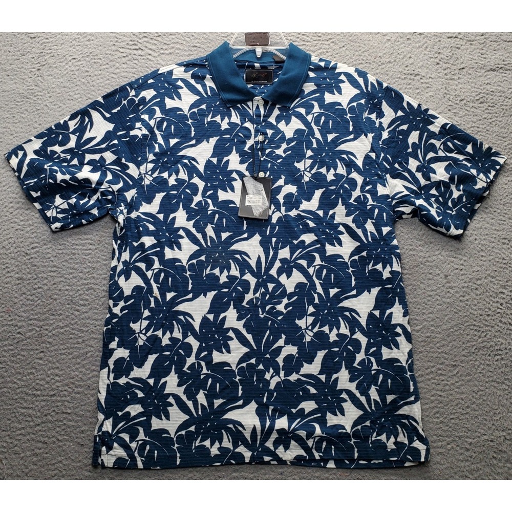 Greg Norman Hawaiian Golf Polo Shirt Mens L Multi Tropical Leaf Print Popover
